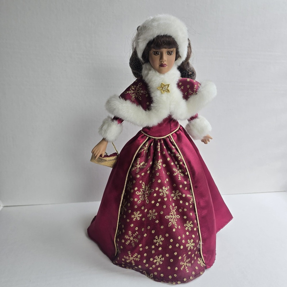 Vintage Holiday Porcelain Doll Burgundy Satin Gold Snowflake Winter Gown 15.5"